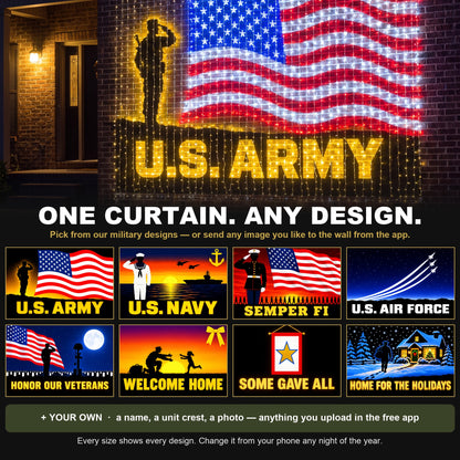 One curtain, any design — our military designs or anything you upload in the app