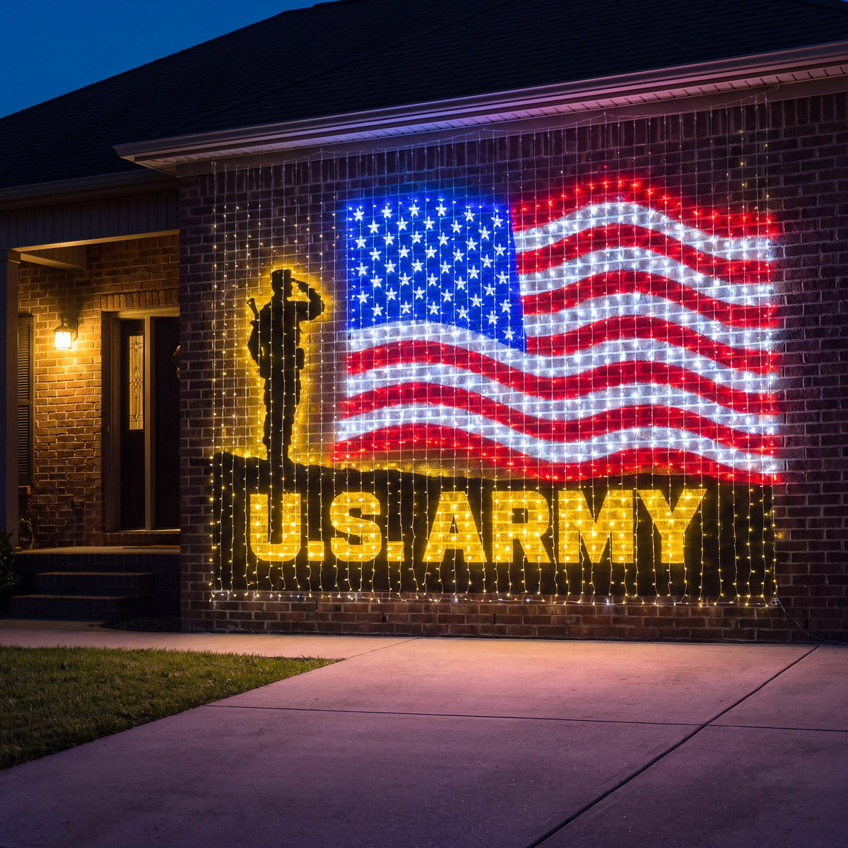 U.S. ARMY design lit across the side wall of a house at night