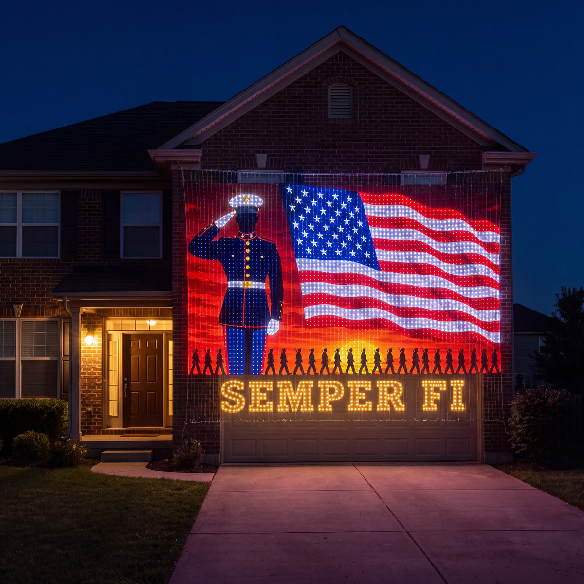 SEMPER FI design lit across the side wall of a house at night
