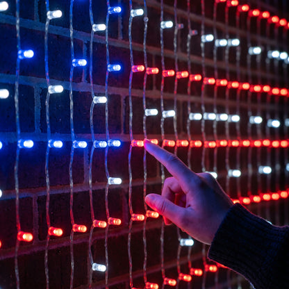 Close-up of the LED pixel grid on clear wire