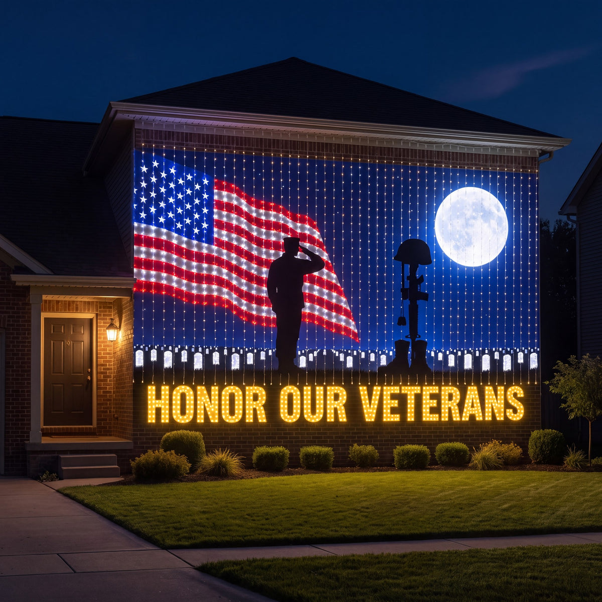 HONOR OUR VETERANS design lit across the side wall of a house at night