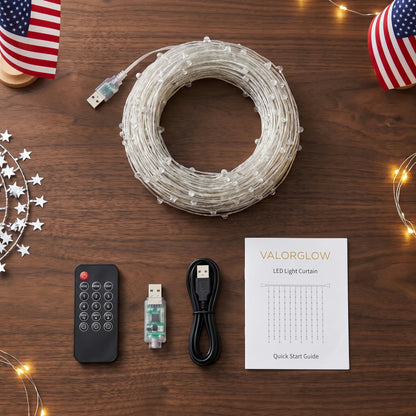 What ships: LED curtain, remote, USB plug and cable, quick start guide